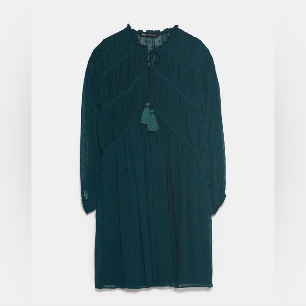 Zara Teal Clip Dot Chiffon Babydoll Empire Waist Dress